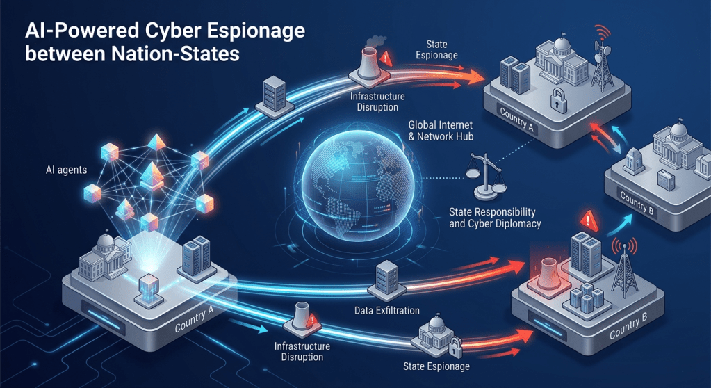 3D diagram of global AI cyber espionage